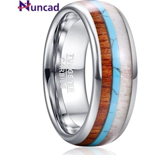 Deer Antlers Green Turquoise Stone Wedding Rings For Men High Polish Dome Wood Men Tungsten Carbide Ring size 7/8/9/10/11/12