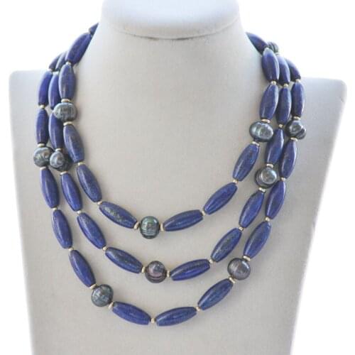 P7568 50" Black Round Freshwater Pearl Blue lapis lazuli Necklace