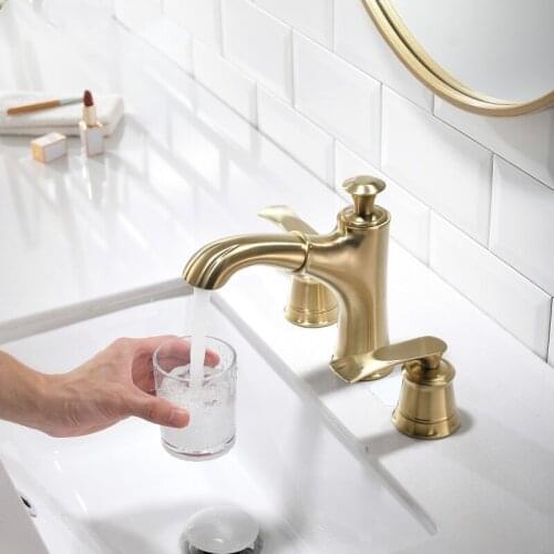 Luxury brushed gold brass bathroom sink faucet two handle three holes basin sink faucet cold hot high quality faucet
