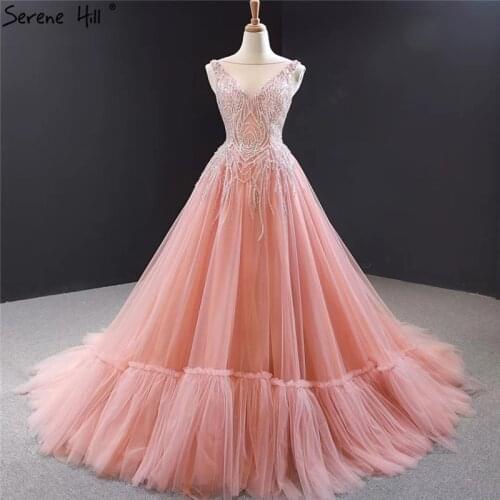 Pink Sleeveless Sexy Crystal Evening Dresses 2021 Real Photo A-Line High Quality Evening Gowns Serene Hill HM66961