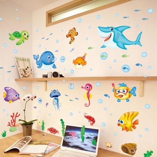 Sea World Cartoon Fish Wall Sticker PVC Material DIY Wall Decals For Living room Kids room bedroom kindergarten Decor murals