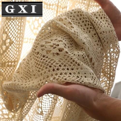 GXI Retro Beige Crochet Lace Hollow Crochet Flower Sheer Curtain For Living Room American Rustic White Handmade Curtains Tulle