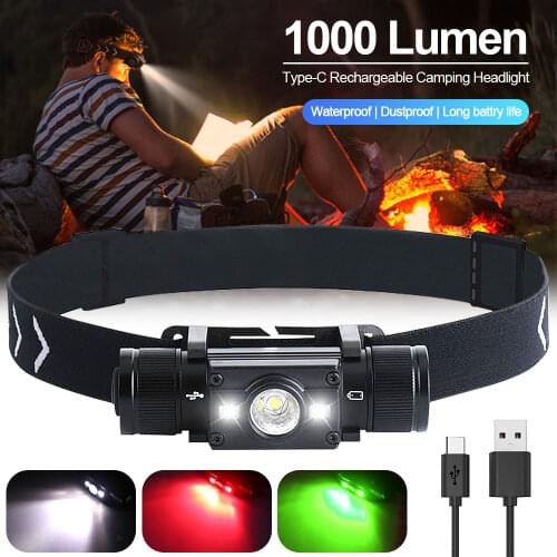 1000LM XPE White Red Green Light LED Headlamp 7 Modes Waterproof Headlight USB Rechargeable Camping Hunting Head Flashlight