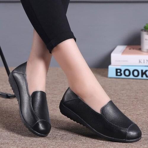 Womens Shoes Soft Leather Shoes Comfortable Office Shoes Fashionable All-match Wedge Shoes Slip-on Shoes Black Platform Shoes