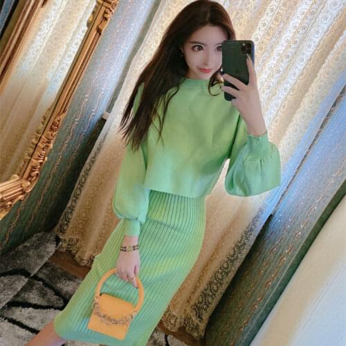 Women 2021 Spring Autumn New Two Piece Sets Female Long Sleeve Knit Pullover Tops Ladies Slim Package Hip Skirts Suits Y480