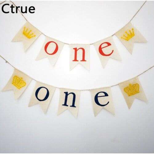1set jute burlap ONE Banner flags party garland boy baby shower bunting girl First Birthday party flag 1st Birthday Party favor