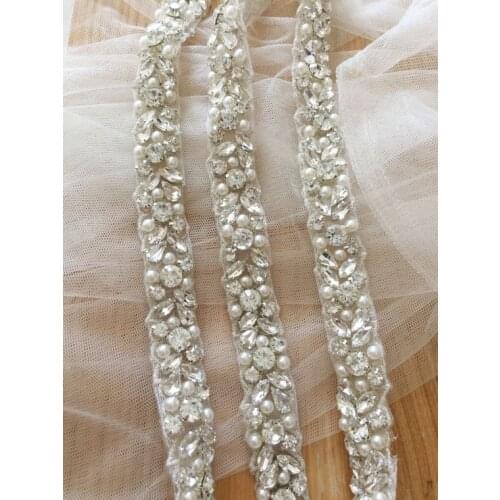 1 Yard Thin rhinestone and pearl beaded trim for wedding belt, bridal sash, wedding gown straps ,bridesmaids belt,rhinestone