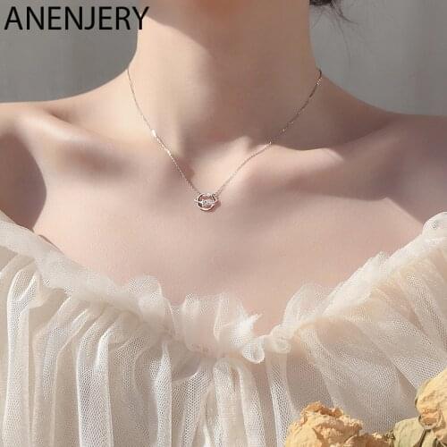 ANENJERY 925 Sterling Silver Fantastic Universe Planet Star Necklace Clavicle Chain Shiny Zircon Necklace For Women S-N607