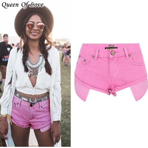 Basic Pink Denim Shorts Women 2021 Summer Casual High Waist Cuffed Tassels Ripped Holes Jeans Short Pant Female Bottoms