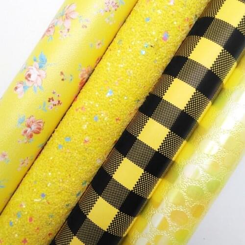 Twinkling Twinkling Yellow Chunky Glitter Leather Flowers Plaids hearts Synthetic Faux Leather Fabric Felt Backing 21X29CM KM559