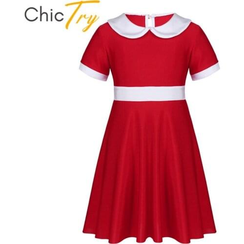 ChicTry Kids Girls Christmas Costume Short Sleeves White Collar Knee Length Red A-line Dress for Children Xmas Party Dress Up