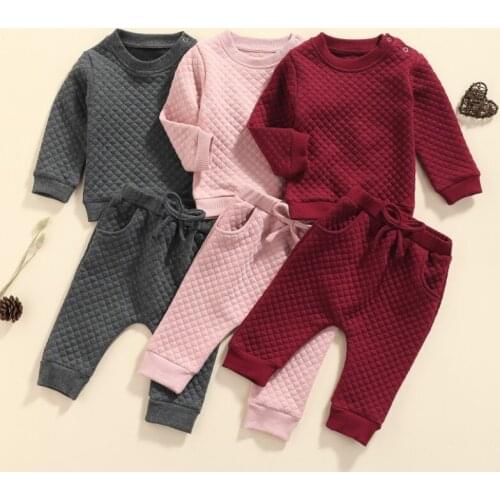 2Pcs Kids Autumn Tracksuit, Solid Color Thick Long Sleeves Pullover Shirt + Casual Pants for Little Boys, Girls, 0-24 Months