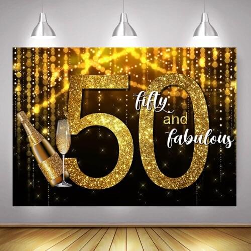 Fifty and Fabulous Adult Birthday Party Photo Background for Photo Studio 50th Birthday Golden Glitter Champagne Bokeh Backdrop