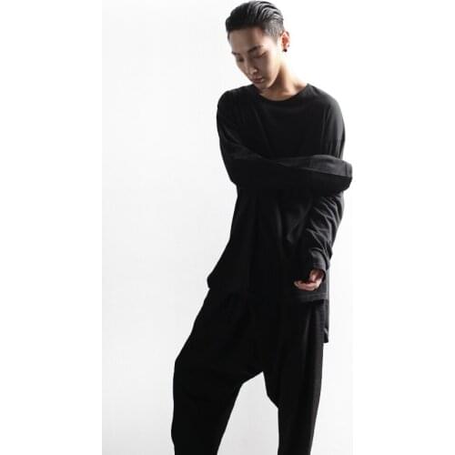 Fashionable mens spring and summer T-shirt casual front short back long loose round neck long sleeve T-shirt handsome large siz