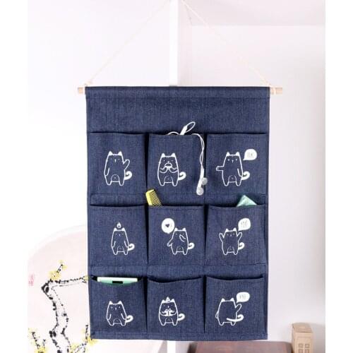 Cotton Linen Hanging Storage Bag 9 Pockets Wall Mounted Wardrobe Hanging Bag Wall Pouch Cosmetic Toys Organizer multi Colors