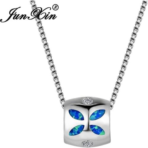 JUNXIN Mystical Fire Cylinder Pendants For Women Men Silver Color Blue White Fire Opal Necklace Female Wedding