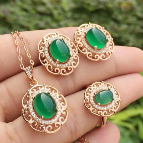 KJJEAXCMY exquisite jewelry 925 pure silver inlaid natural green chalcedony ladies jewelry set rings Pendant Earrings 3 sets
