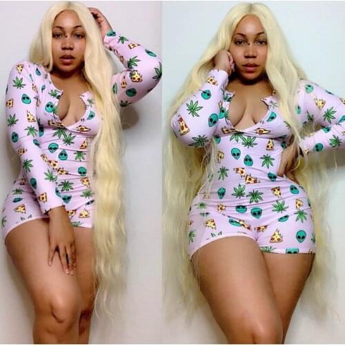 Sexy Women Deep V-neck Bodycon Sleepwear Jumpsuit Bodysuit Shorts Romper Bodysuit Leotard Long Sleeve Print Button Bodysuit New