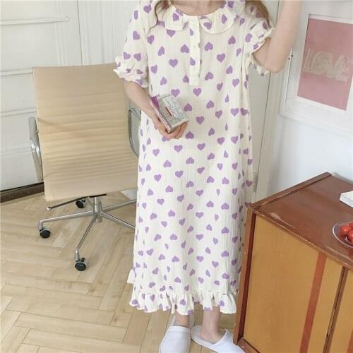 Candy Color Plaid Summer Nightgown Loose Cotton Kawaii Sleepwear Home Clothes Korean Vintage Puff Short Sleeve Homewear