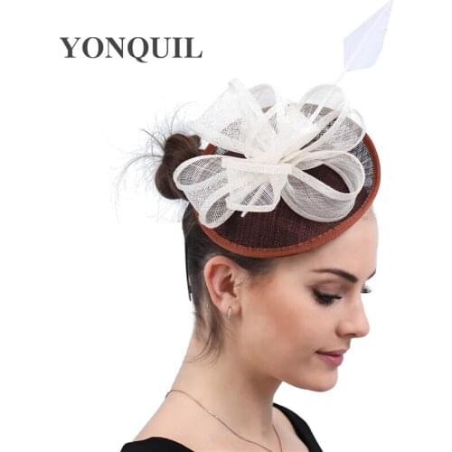 Fashion Brown Linen Bridal Hat Fascinators Flower Feathers Glamorous Bride Wedding Hats Chapeau Veils Wedding Accessories