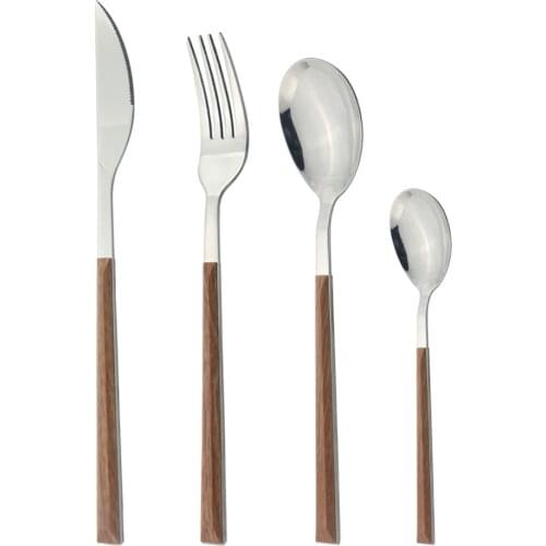 Wood Texture Dinnerware Set Stainless Steel Set Cutlery Dinner Knife Fork Coffee Dessert Spoons Mirror Sliverware Tableware Set