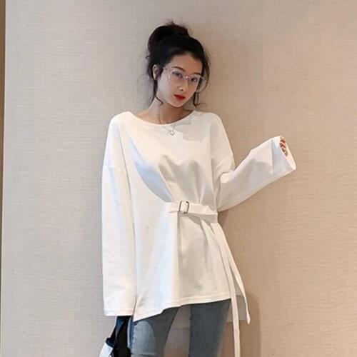 2021 Spring and Autumn Korean Women New BF Style Lace Up O-neck Long-sleeved Loose T-shirt Mid-length Top Female Bottoming Y439