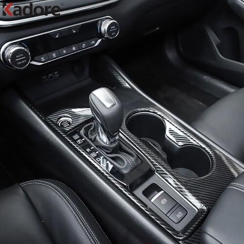 For Nissan Altima 2019 2020 2021 Carbon Fiber Interior Gear Shift Panel Cover Trim Front Water Cup Holder Frame Car Styling LHD