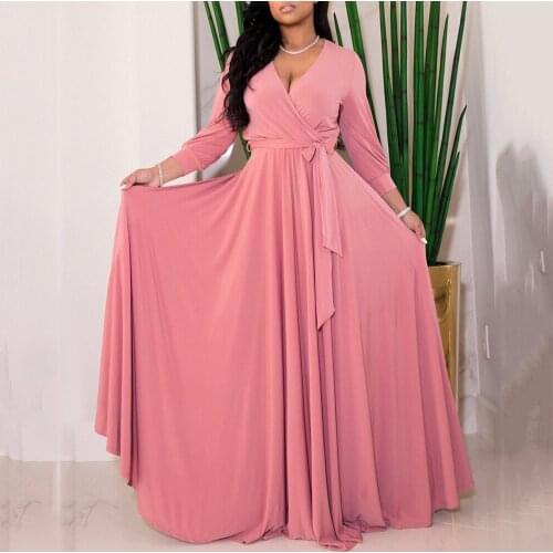 Women Elegant Dress Large Big Size 4XL 5XL High Waist Full Sleeve V Neck A Line Floor Length Evening Night Party Long Vestidos