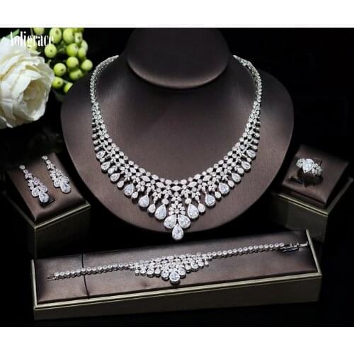 Luxury Womens Engagement Zirconia Jewelry Set CZ Wedding Party Necklace Bracelet Earrings Ring Set Bridal Jewelry Accessories