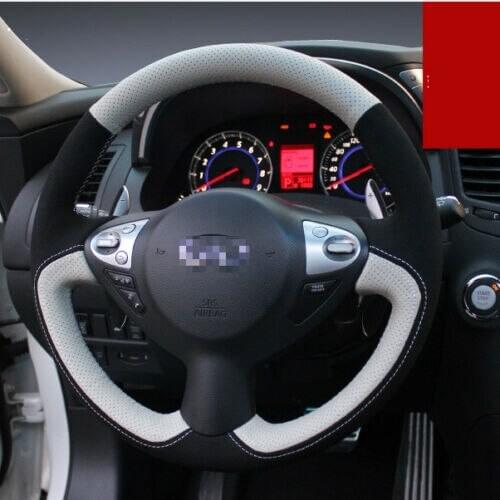 Black Suede White Leather DIY Hand-stitched Car Steering Wheel Cover for Infiniti FX35
