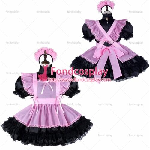 Fondcosplay adult sexy cross dressing sissy maid short black satin dress lockable Uniform pink organza apron Tailor-made[G2332]