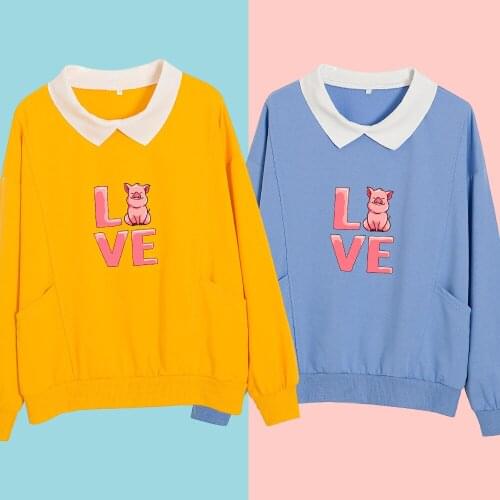 Letter Pig Print Oversized Harajuku Hoodie Women Cotton Kawaii Clothes Autumn Winter Long Sleeves Basic Hoodies Chic Pink Tops