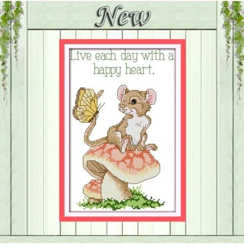 Live each day with a happy heart mouse painting Counted Print on canvas needlework kits DMC 11CT 14CT Cross Stitch Set embroider