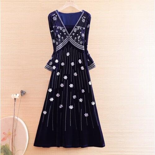 Velvet Autumn Dress Winter Runway Fashion 3/4 Sleeve V-neck Flower Embroidery Wine Blue Vintage Elegant Dresses