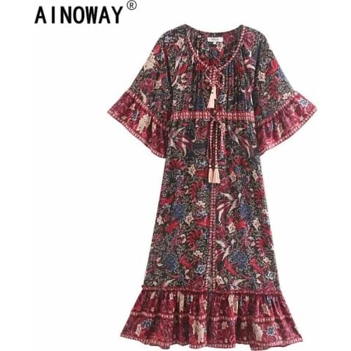 Vintage chic women birds floral print flare sleeve Bohemian rayon cotton maxi dress Ladies v-neck lace-up ruffles Boho vestidos