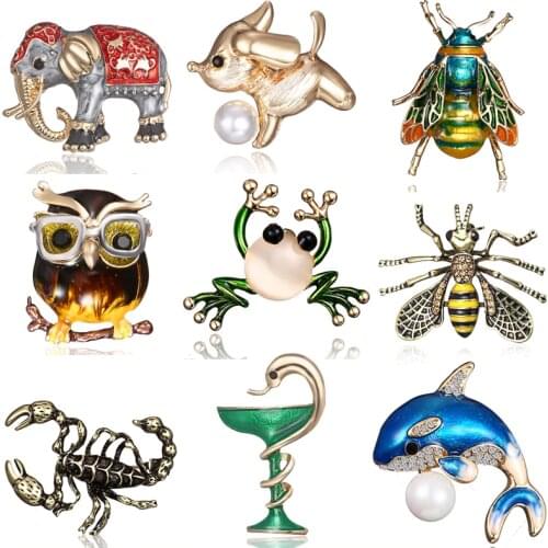 Fashion Lovely Handmade Animal Elephant Frog Dog Owl Honeybee Crystal Rhinestone Pearl Costume Brooch Pin for Women Jewelry Gift