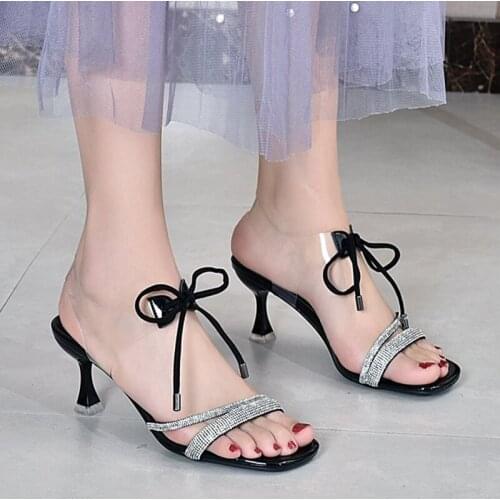 Rimocy New Summer Women Sexy High Heels Sandals Transparent PVC Crystal Party Shoes Woman Rhinestones Strap Lace Up Sandalias