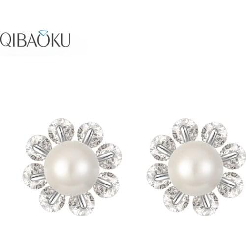 Natural White Big Pearl 925 Sterling Silver Stud Earrings Fashion Flower Zircon Earrings for Women Fine Jewelry