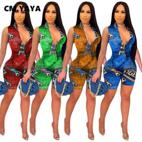CM.YAYA Skinny Playsuits Women Print Sleeveless Zip Stand Collar Elastic Empire Playsuits Female Summer Casual Fashion Outfits