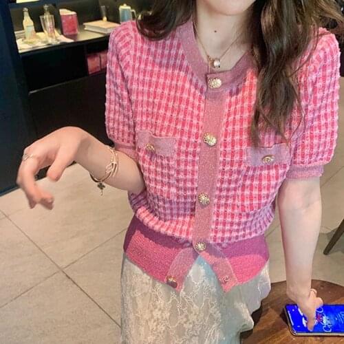 Pearl Buttons Short Sleeve Women Knitted Cardigan Shiny Silk Thread Sweater Summer New 2021 Korean Chic Sweet Elegant Crop Top