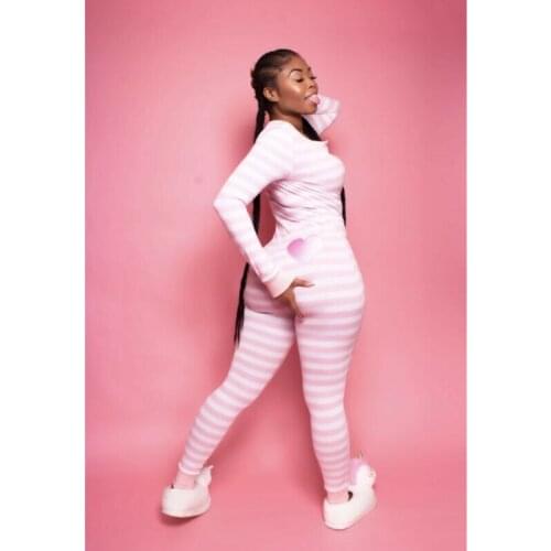 Women Long Sleeve Pink Striped Print Long Sleeve Bodysuit Slim Fit Top Autumn Leotard Jumpsuit Bodycon Trousers