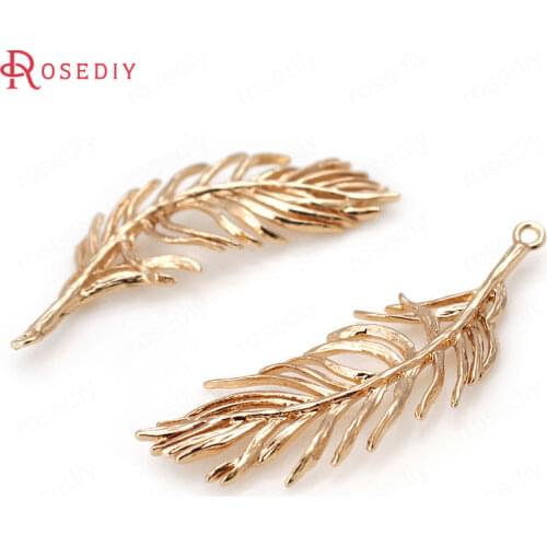 6PCS 12x36MM 24K Champagne Gold Color Plated Brass Feather Charms Pendants High Quality Diy Jewelry Accessories