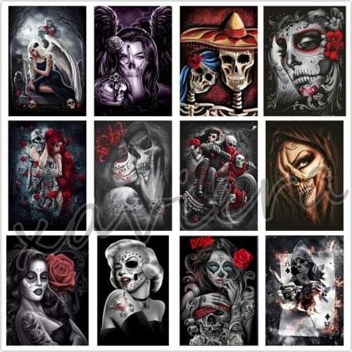 Xaviera 5D DIY Diamond Painting Skull Girl Full Drill Square Rhinestone Embroidery Cross Stitch Handmade Crafts Art Hobby Gift