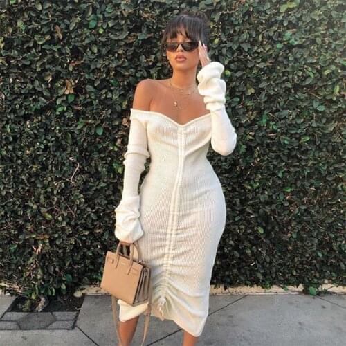White Off Shoulder Dresses Woman Party Night Strapless Long Sleeve Midi Autumn Winter Laides Fashion Free Shipping Plus Size