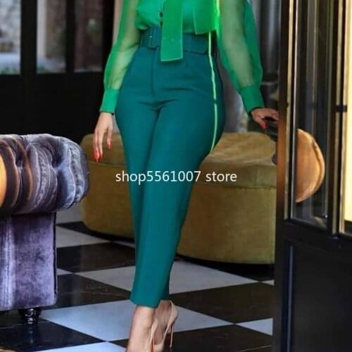 Women High Waist Pants with Waist Belt Elegant Office Ladies Fashion Work Female Modest Green Pink Yellow Large Size African New
