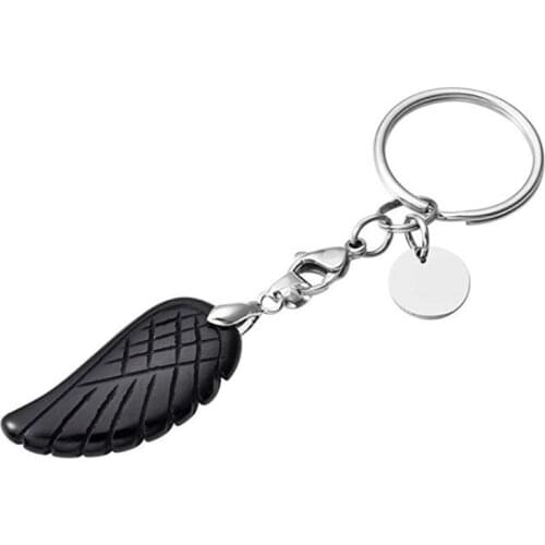 FYJS Unique Silver Plated Circle Lobster Clasp Flying Angel Wing Black Agates Key Chain Fashion Jewelry