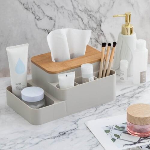 PP Plastic Bamboo Wood Cover Tissue Case Bedroom Bathroom Office Desktop Cosmetics Make-up Sundries Napkin Storage Holder Box