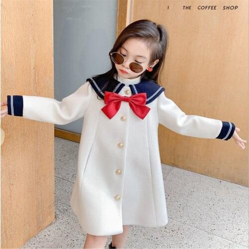 Children Winter Coat Navy Style Girl Mid Long Woolen Coats 2021 Autumn/winter Kids Outwear Woolen Trench Coat Fashion