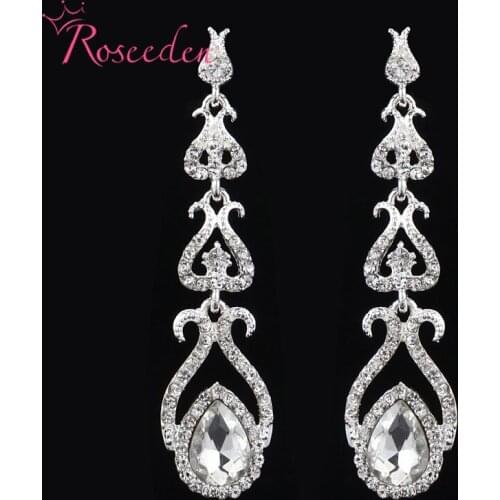 Silver Color Long Drop Earrings Bride Teardrop Shape rhinestone Crystal wedding Earrings for Women RE8003