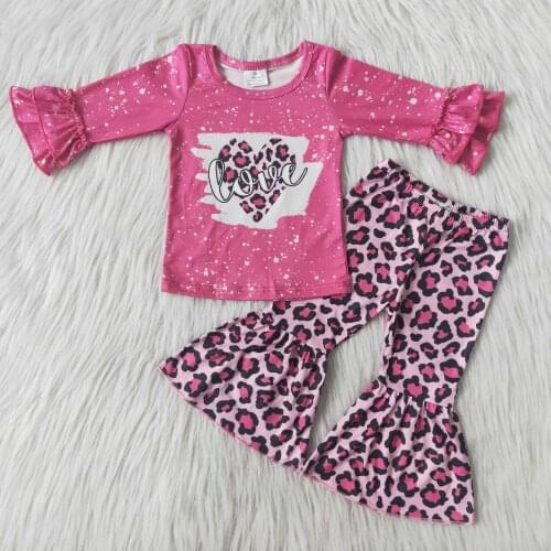 Fuchsia long sleeve blouse leopard print bell-bottom pants kids clothing girls outfits no minimum order quantity RST wholesales